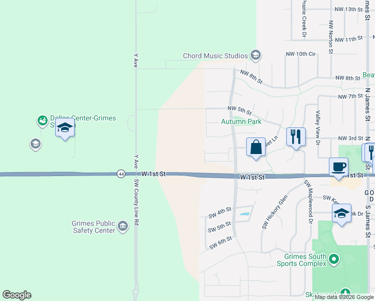 map of restaurants, bars, coffee shops, grocery stores, and more near 1304 Northwest 3rd Street in Grimes