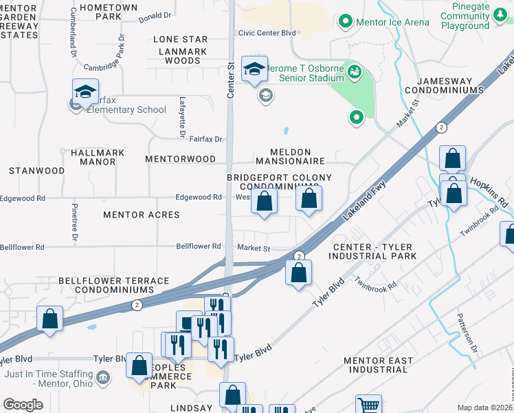 map of restaurants, bars, coffee shops, grocery stores, and more near 8460 Westport Drive in Mentor