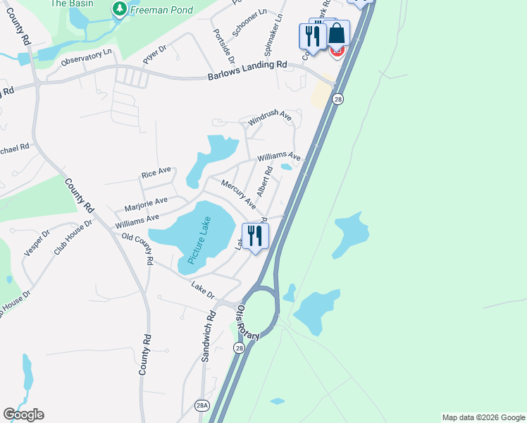 map of restaurants, bars, coffee shops, grocery stores, and more near 15 Dockser Avenue in Bourne