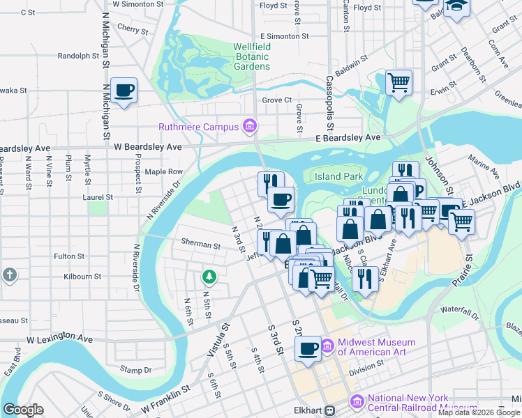 map of restaurants, bars, coffee shops, grocery stores, and more near 122 West Washington Street in Elkhart