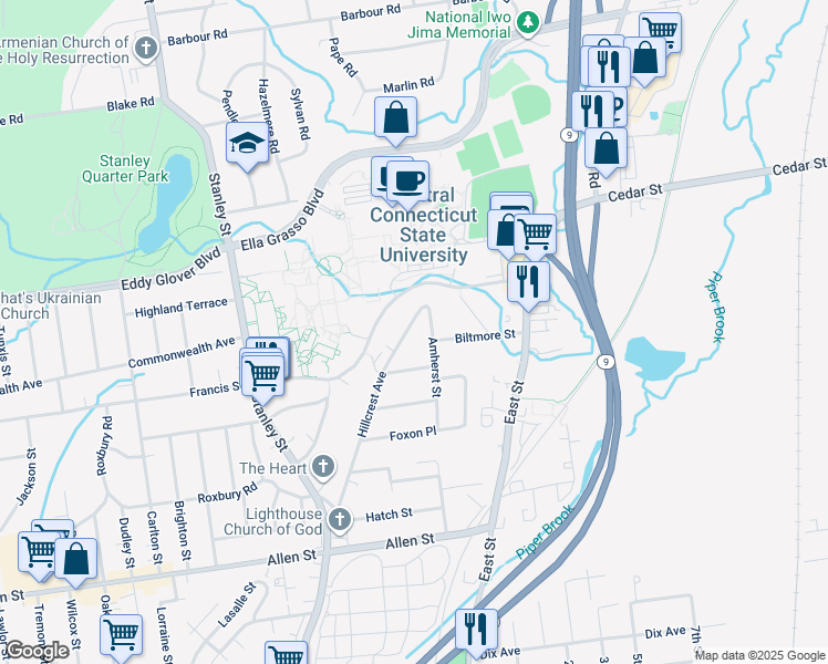 map of restaurants, bars, coffee shops, grocery stores, and more near 198 Amherst Street in New Britain
