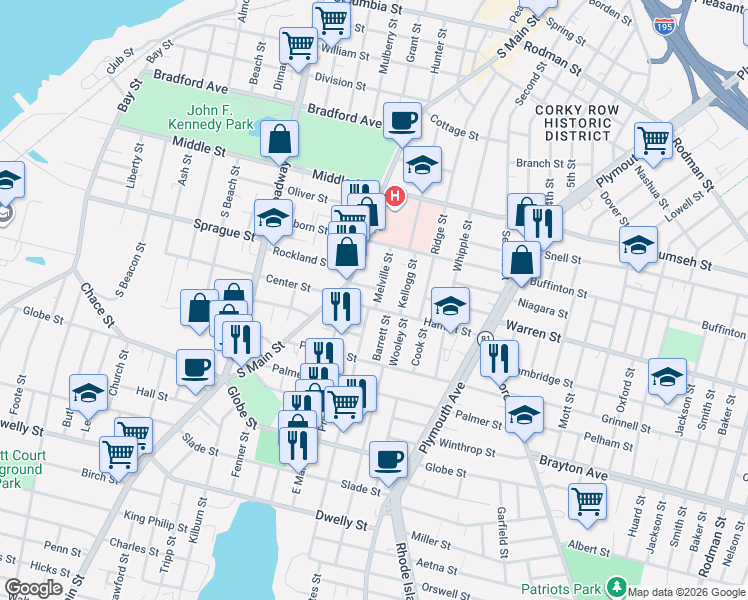 map of restaurants, bars, coffee shops, grocery stores, and more near 129 Melville Street in Fall River