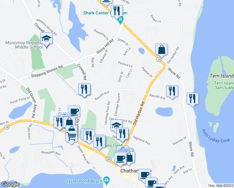 map of restaurants, bars, coffee shops, grocery stores, and more near 95 Eldredge Square in Chatham