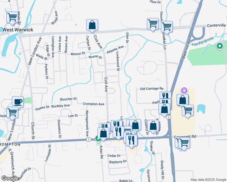 map of restaurants, bars, coffee shops, grocery stores, and more near 25 North Gate Drive in West Warwick