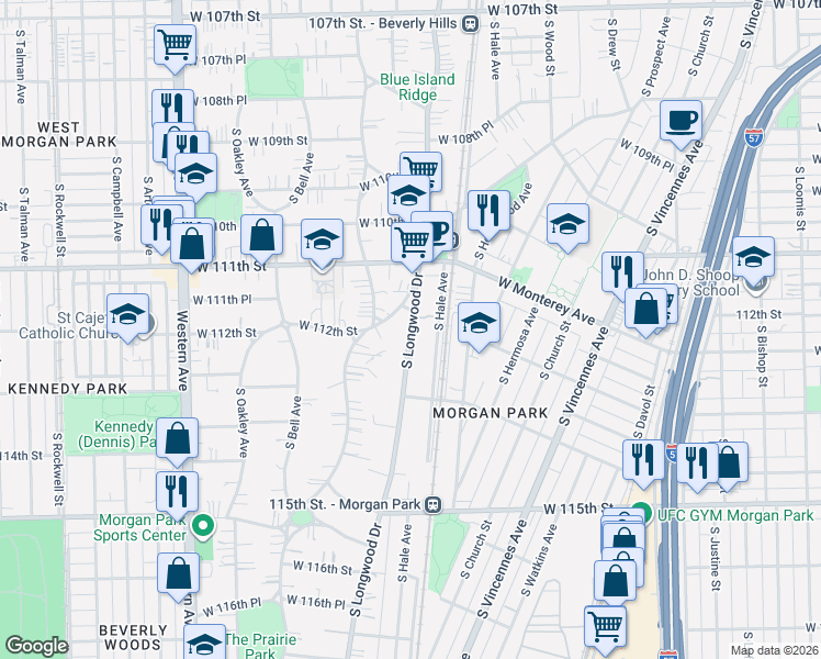 map of restaurants, bars, coffee shops, grocery stores, and more near 11209 South Longwood Drive in Chicago