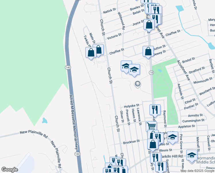 map of restaurants, bars, coffee shops, grocery stores, and more near 843-849 Church Street in New Bedford