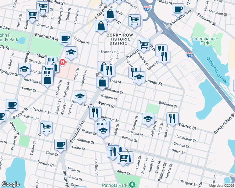 map of restaurants, bars, coffee shops, grocery stores, and more near 119 Niagara Street in Fall River