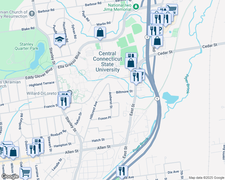 map of restaurants, bars, coffee shops, grocery stores, and more near 198 Amherst Street in New Britain