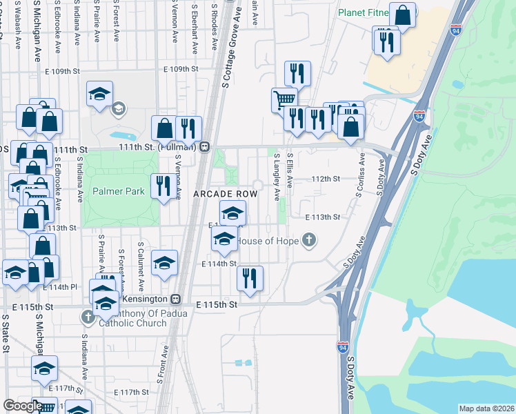 map of restaurants, bars, coffee shops, grocery stores, and more near 11256 South Champlain Avenue in Chicago