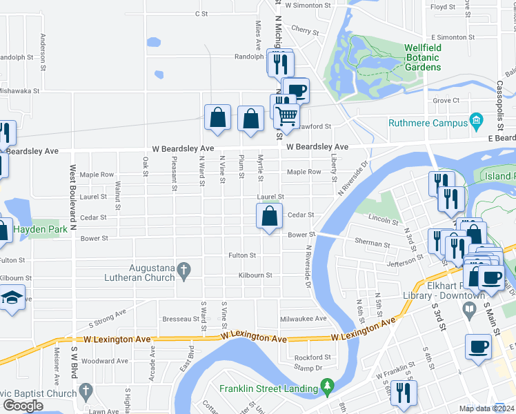 map of restaurants, bars, coffee shops, grocery stores, and more near 511 Myrtle Street in Elkhart