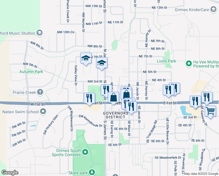 map of restaurants, bars, coffee shops, grocery stores, and more near 201 Northeast Ewing Street in Grimes