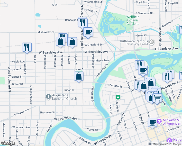 map of restaurants, bars, coffee shops, grocery stores, and more near 507 Prospect Street in Elkhart