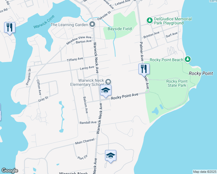map of restaurants, bars, coffee shops, grocery stores, and more near 155 Rocky Point Avenue in Warwick
