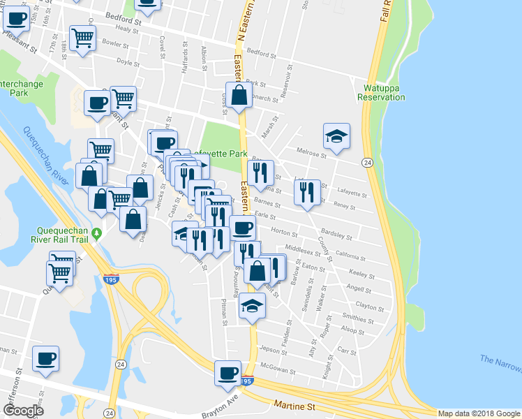 map of restaurants, bars, coffee shops, grocery stores, and more near 580 Eastern Avenue in Fall River