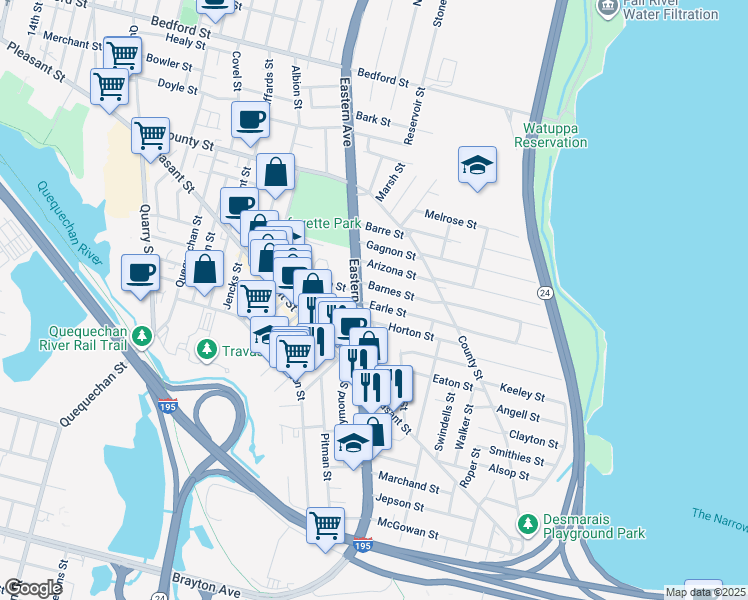 map of restaurants, bars, coffee shops, grocery stores, and more near 580 Eastern Avenue in Fall River
