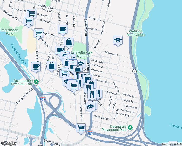 map of restaurants, bars, coffee shops, grocery stores, and more near 580 Eastern Avenue in Fall River