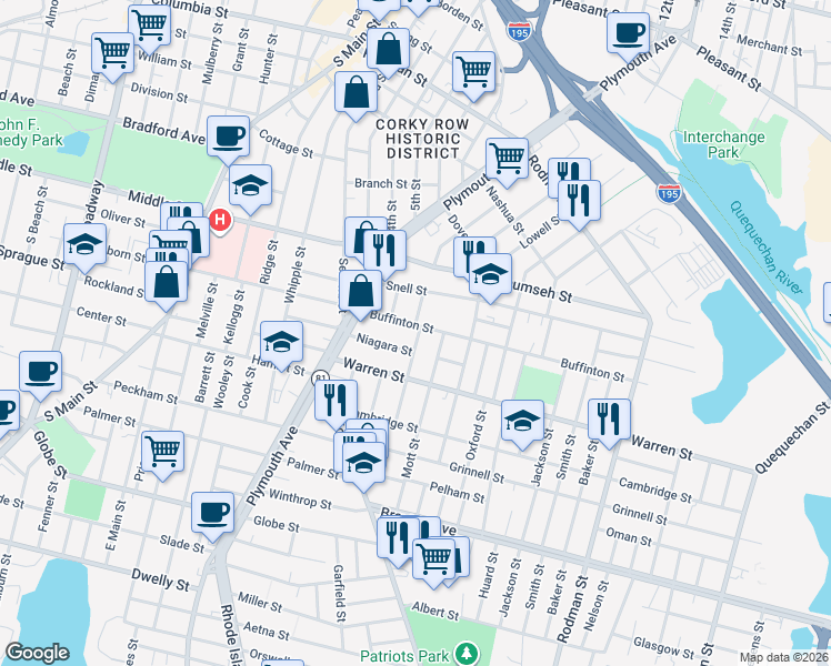 map of restaurants, bars, coffee shops, grocery stores, and more near 119 Niagara Street in Fall River