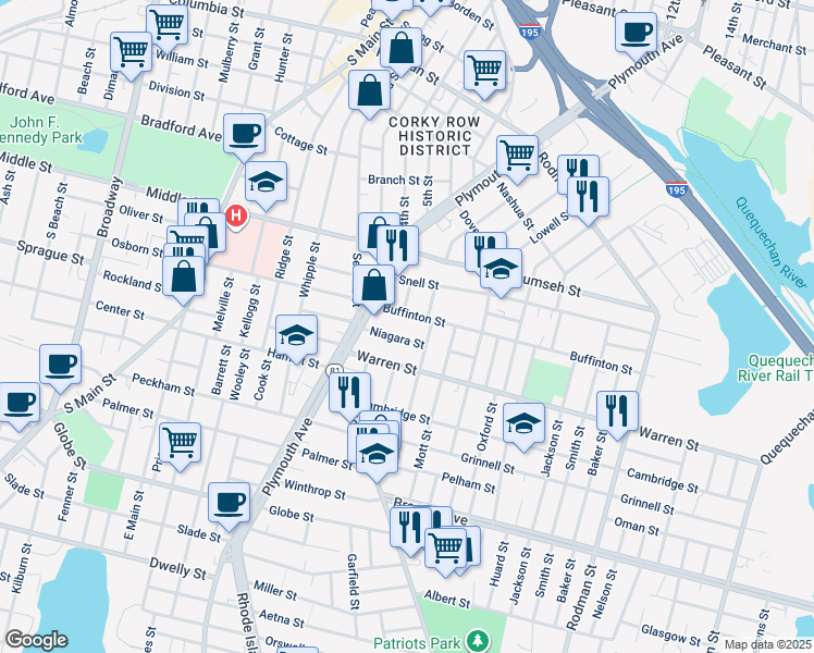 map of restaurants, bars, coffee shops, grocery stores, and more near 119 Niagara Street in Fall River