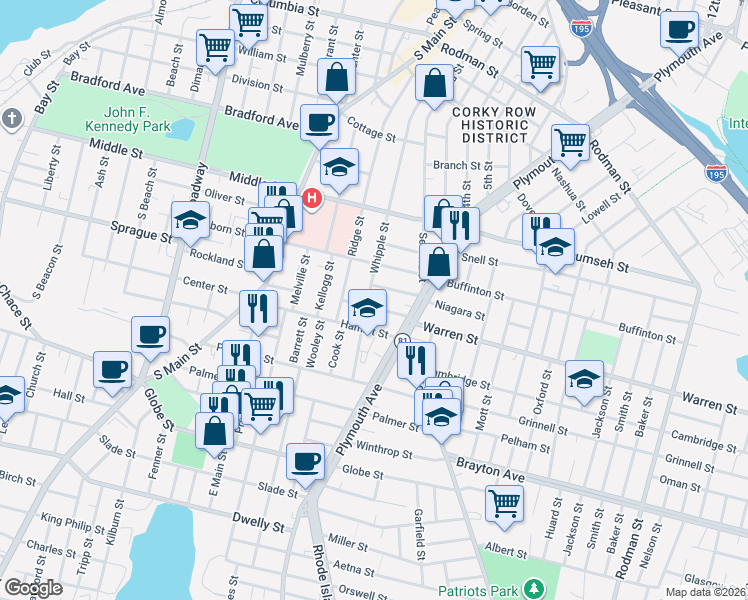 map of restaurants, bars, coffee shops, grocery stores, and more near 564 Whipple Street in Fall River