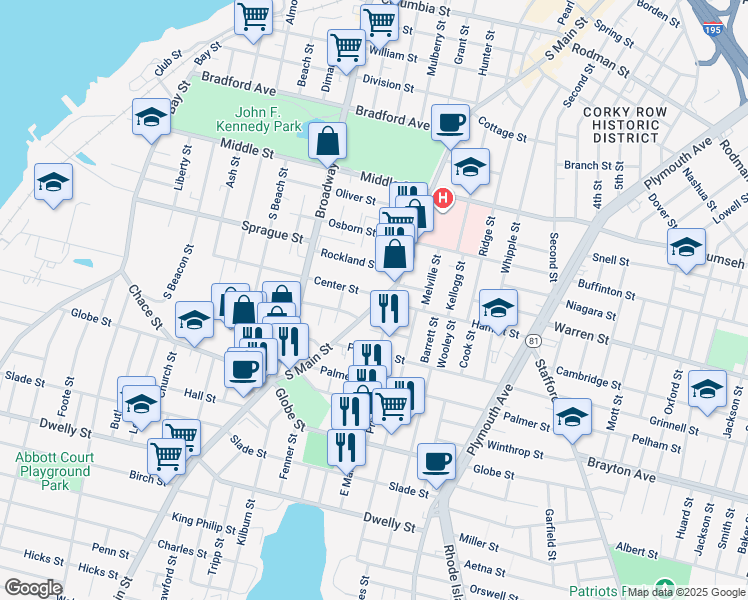 map of restaurants, bars, coffee shops, grocery stores, and more near 1149 South Main Street in Fall River