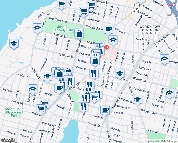 map of restaurants, bars, coffee shops, grocery stores, and more near 1149 South Main Street in Fall River