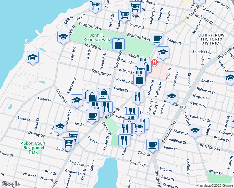 map of restaurants, bars, coffee shops, grocery stores, and more near 24 Tone Street in Fall River