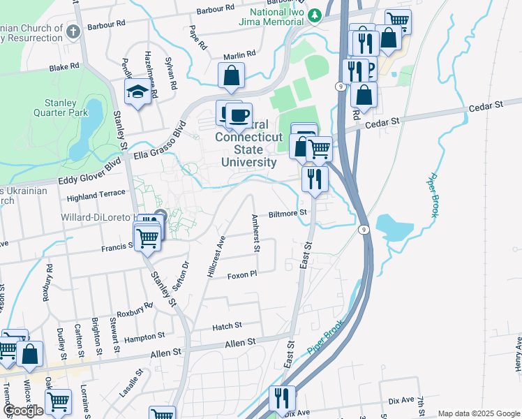 map of restaurants, bars, coffee shops, grocery stores, and more near 198 Amherst Street in New Britain