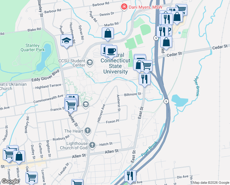 map of restaurants, bars, coffee shops, grocery stores, and more near 198 Amherst Street in New Britain
