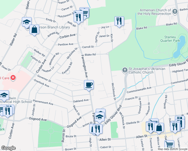 map of restaurants, bars, coffee shops, grocery stores, and more near 433 Farmington Avenue in New Britain