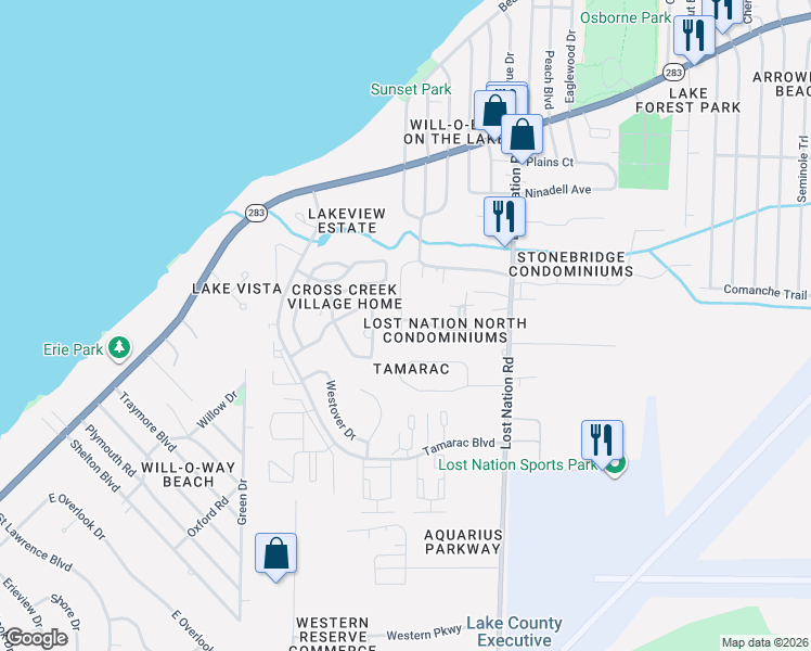 map of restaurants, bars, coffee shops, grocery stores, and more near 38330 North Lane in Willoughby