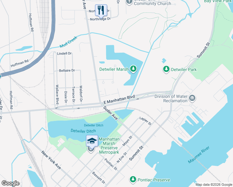 map of restaurants, bars, coffee shops, grocery stores, and more near 3563 East Manhattan Boulevard in Toledo