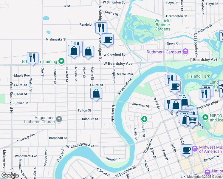 map of restaurants, bars, coffee shops, grocery stores, and more near 623 Cedar Street in Elkhart