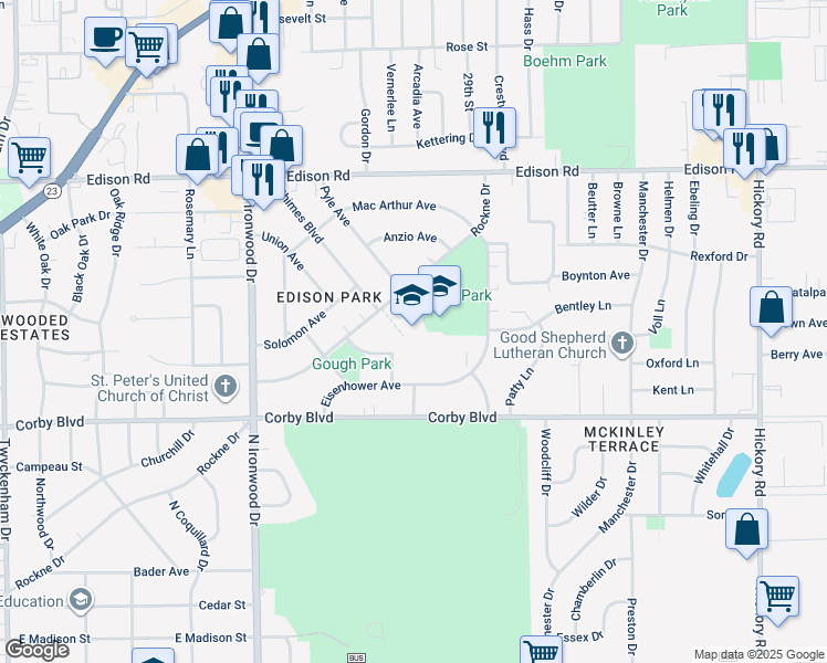 map of restaurants, bars, coffee shops, grocery stores, and more near in South Bend