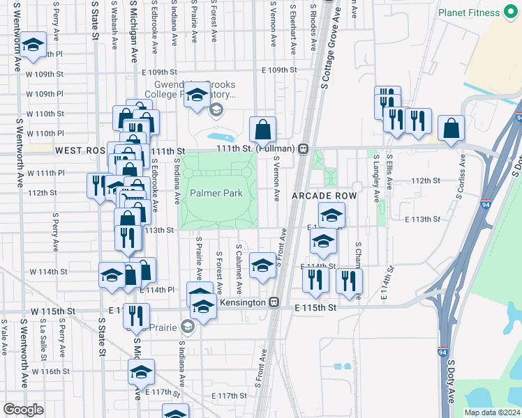 map of restaurants, bars, coffee shops, grocery stores, and more near 11247 South King Drive in Chicago