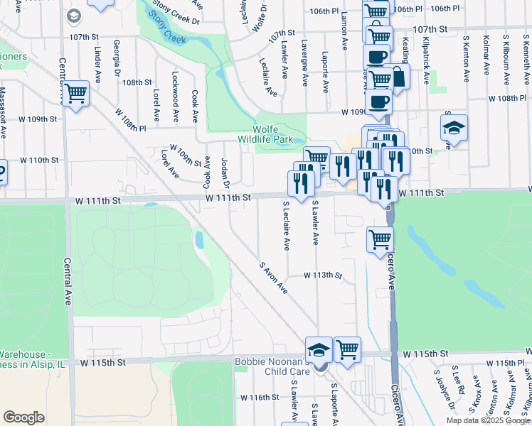 map of restaurants, bars, coffee shops, grocery stores, and more near 11123 South Leamington Avenue in Alsip