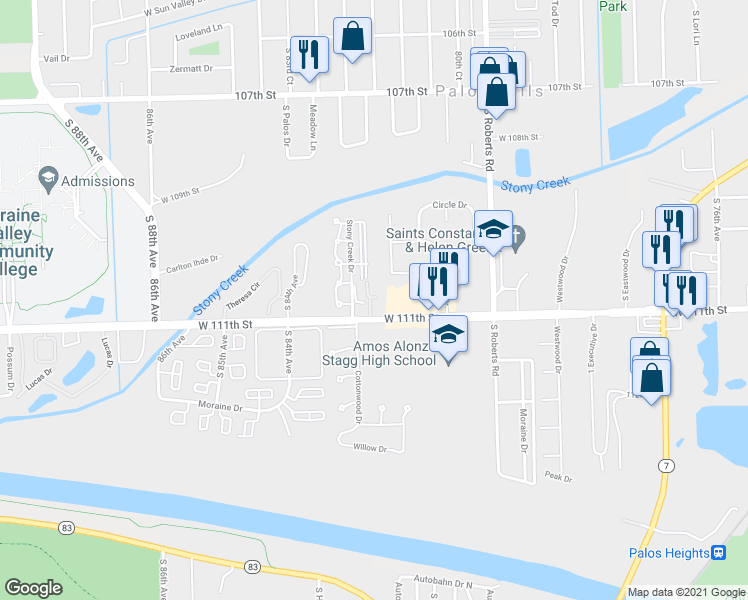 map of restaurants, bars, coffee shops, grocery stores, and more near 8200 West 111th Street in Palos Hills