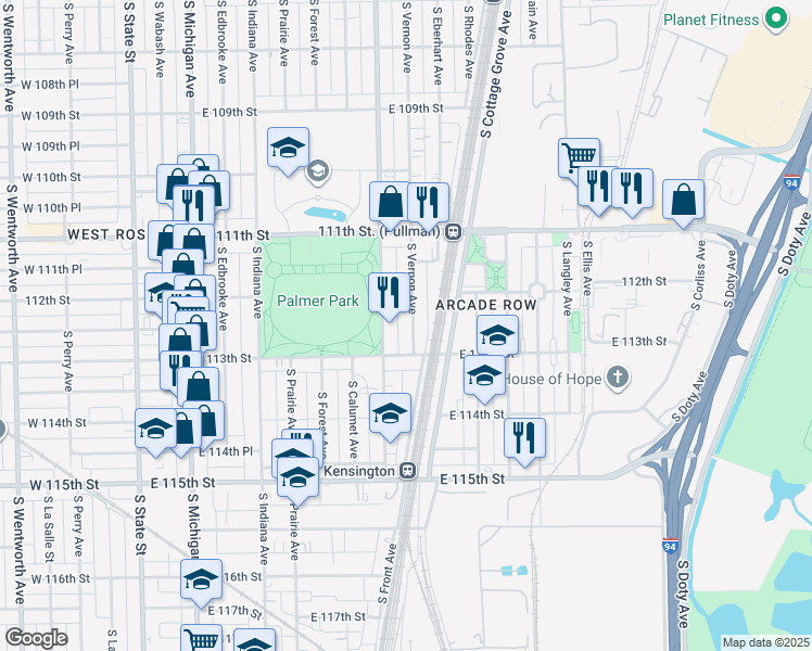 map of restaurants, bars, coffee shops, grocery stores, and more near 11230 South Vernon Avenue in Chicago