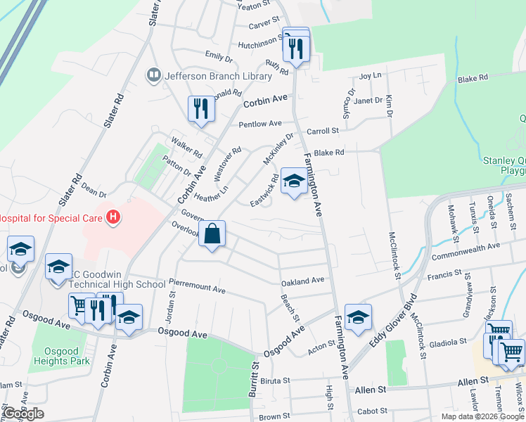 map of restaurants, bars, coffee shops, grocery stores, and more near 15 Eastwick Court in New Britain