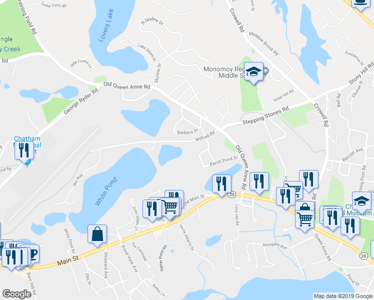 map of restaurants, bars, coffee shops, grocery stores, and more near 83 Wilfred Road in Chatham