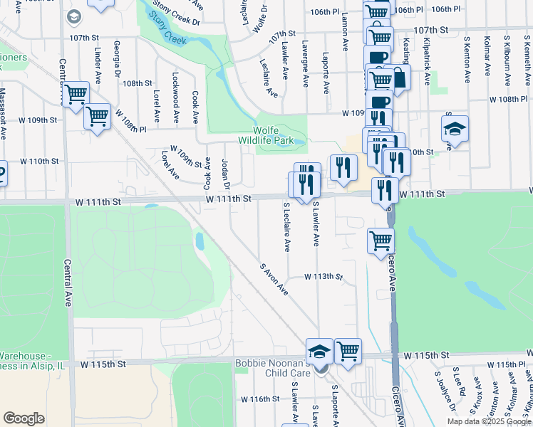 map of restaurants, bars, coffee shops, grocery stores, and more near 11123 South Leamington Avenue in Alsip
