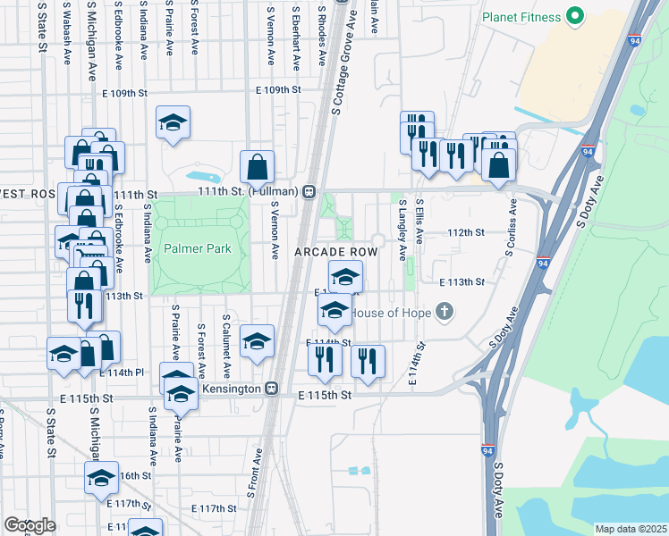 map of restaurants, bars, coffee shops, grocery stores, and more near 11235 South Forrestville Avenue in Chicago