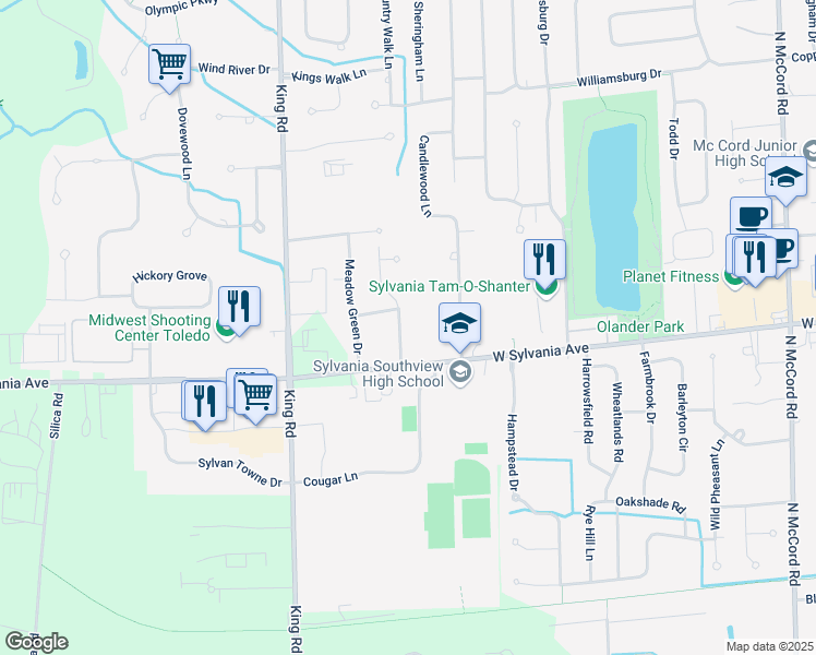 map of restaurants, bars, coffee shops, grocery stores, and more near 7240 West Sylvania Avenue in Sylvania