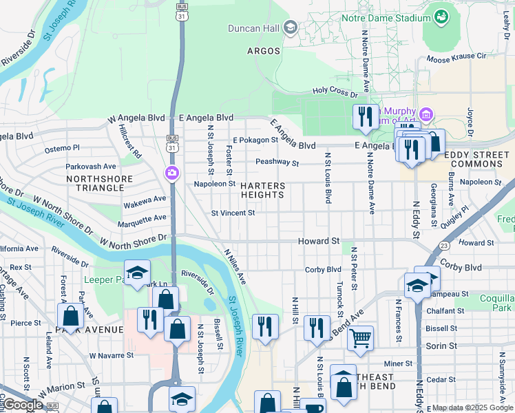 map of restaurants, bars, coffee shops, grocery stores, and more near 412 Saint Vincent Street in South Bend