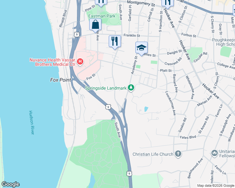 map of restaurants, bars, coffee shops, grocery stores, and more near 231 South Avenue in Poughkeepsie
