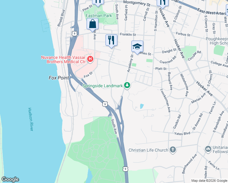map of restaurants, bars, coffee shops, grocery stores, and more near 231 South Avenue in Poughkeepsie