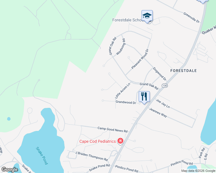 map of restaurants, bars, coffee shops, grocery stores, and more near 5 Lichen Lane in Sandwich