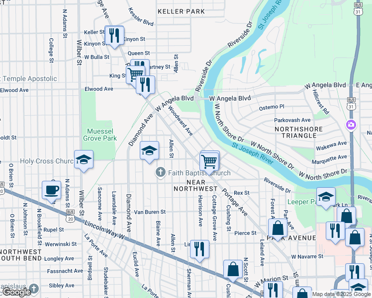 map of restaurants, bars, coffee shops, grocery stores, and more near Sherman Avenue in South Bend