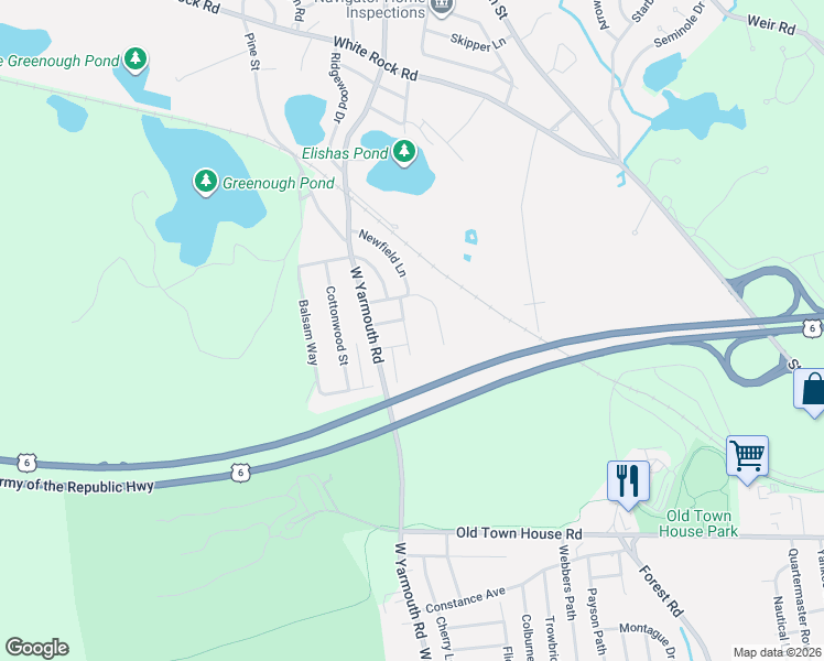 map of restaurants, bars, coffee shops, grocery stores, and more near 27 Goldenrod Lane in Yarmouth