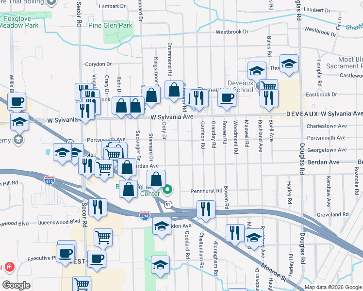 map of restaurants, bars, coffee shops, grocery stores, and more near 3824 Drummond Road in Toledo