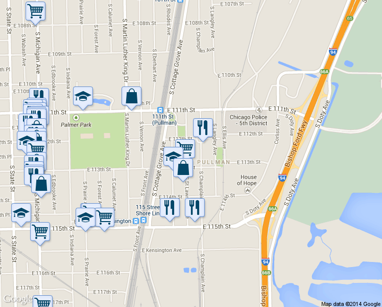 map of restaurants, bars, coffee shops, grocery stores, and more near 11231 S St Lawrence Ave in Chicago
